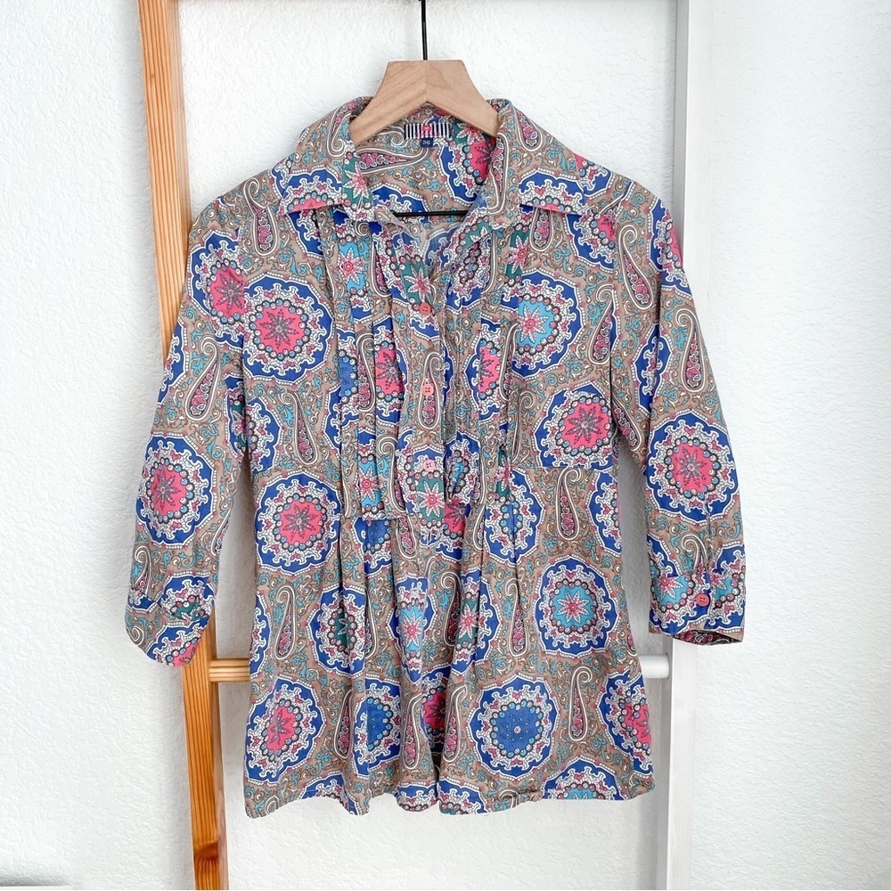 Vilagallo Paisley Blouse Top 1/2 Button Front Multicolored Pleated Cotton 36